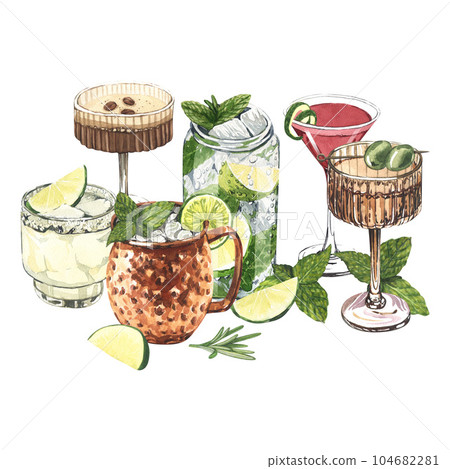 Watercolor group cocktail glasses:espresso tini, martini, tequila, cosmopolitan,mojito,moscow mule. Hand-drawn illustration isolated on white background. Perfect for recipe lists with alcoholic drinks Watercolor group cocktail glasses:espresso tini, martini, tequila, cosmopolitan,mojito,moscow mule. Hand-drawn illustration isolated on white background. Perfect for recipe lists with alcoholic drinks 104682281