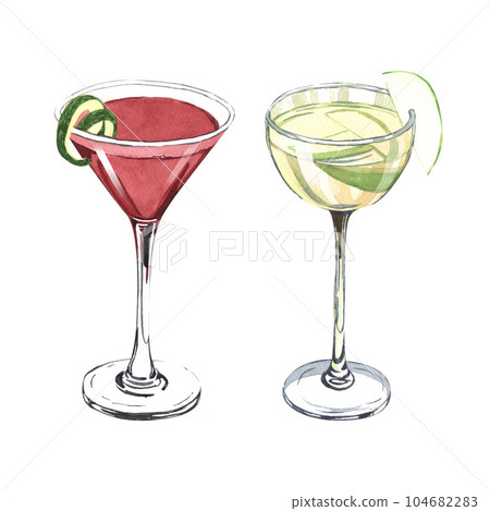 Watercolor cocktail cosmopolitan and apple martini with a lime in glass. Hand-drawn illustration isolated on white background. Perfect for recipe alcoholic lists with drinks, brochures for cafe, bar Watercolor cocktail cosmopolitan and apple martini with a lime in glass. Hand-drawn illustration isolated on white background. Perfect for recipe alcoholic lists with drinks, brochures for cafe, bar 104682283