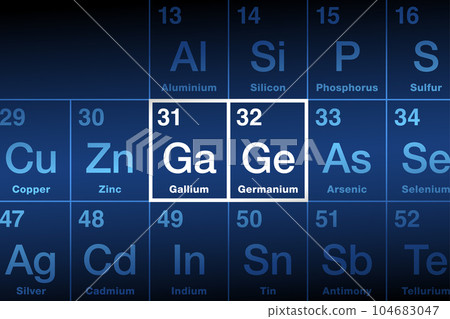 Gallium and Germanium on periodic table of the elements. Gallium (Ga), a metal, and Germanium (Ge), a metalloid, are rare but important semiconductor materials. A large part of them is mined in China. Gallium and Germanium on periodic table of the elements. Gallium (Ga), a metal, and Germanium (Ge), a metalloid, are rare but important semiconductor materials. A large part of them is mined in China. 104683047