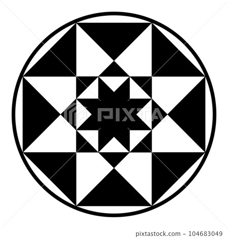 Regular octagram symbols in a circle frame. Small star polygon in a big one, each with eight vertices, enclosed by a circular border. Modeled on a crop circle pattern found near Winchester, Hampshire. 104683049