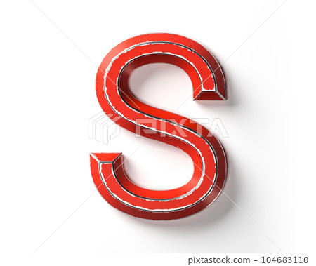 Letters made of red painted metal with scratched borders Letters made of red painted metal with scratched borders 104683110