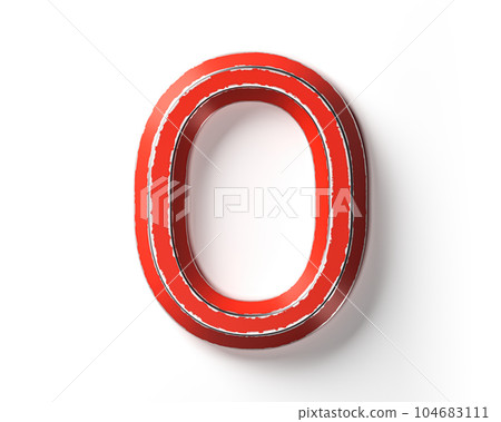 Letters made of red painted metal with scratched borders 104683111