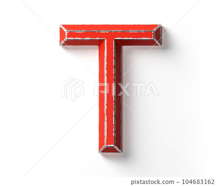 Letters made of red painted metal with scratched borders Letters made of red painted metal with scratched borders 104683162