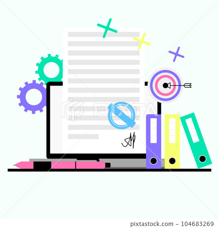 Digital signature on laptop for smart contract, remotely business deal Digital signature on laptop for smart contract, remotely business deal 104683269
