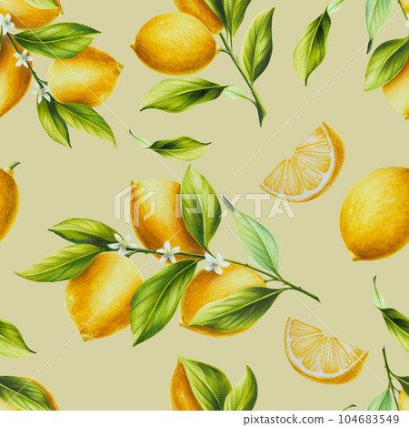 Watercolor seamless pattern with fresh ripe lemon with bright green leaves and flowers. Hand drawn cut citrus slices painting on white background. For designers, postcards, party Invitations, wrapping 104683549