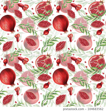 Watercolor seamless pattern with pomegranate seeds and flowers and leafs isolated. Half and a slice of pomegranate. Hand drawn realistic tasty organic garnet red fruit. For designers, Valentine's Day Watercolor seamless pattern with pomegranate seeds and flowers and leafs isolated. Half and a slice of pomegranate. Hand drawn realistic tasty organic garnet red fruit. For designers, Valentine's Day 104683562
