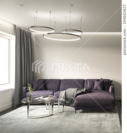 Living room with dark wooden floor and black kitchen on background. Front view empty mockup wall. High quality illustration 3d rendering Living room with dark wooden floor and black kitchen on background. Front view empty mockup wall. High quality illustration 3d rendering 104683627