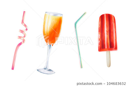 Watercolor set of illustrations of straws for cocktail, glass goblet with orange cocktail and ice cream isolated on white background. Hand painted tube for cocktails. For designers, spa decoration, Watercolor set of illustrations of straws for cocktail, glass goblet with orange cocktail and ice cream isolated on white background. Hand painted tube for cocktails. For designers, spa decoration, 104683632
