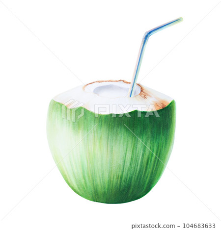 Watercolor illustration of green coconut with blue tube for drinks. Beach cocktail with straw for cocktail isolated on white background. For designers, spa decoration, postcards, wedding, greetings, Watercolor illustration of green coconut with blue tube for drinks. Beach cocktail with straw for cocktail isolated on white background. For designers, spa decoration, postcards, wedding, greetings, 104683633