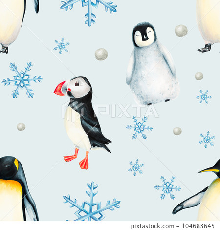Watercolor winter seamless pattern with king penguins under snowflakes and puffin birds isolated. Hand painting realistic Arctic and Antarctic ocean mammals. For designers, decoration, postcards, Watercolor winter seamless pattern with king penguins under snowflakes and puffin birds isolated. Hand painting realistic Arctic and Antarctic ocean mammals. For designers, decoration, postcards, 104683645
