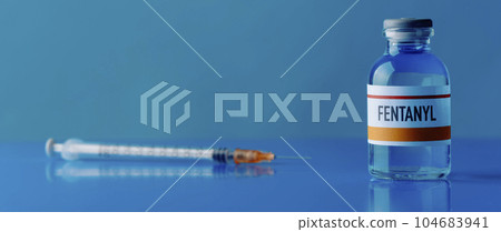 syringe and simulated vial of fentanyl, banner 104683941