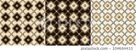 Seamless vintage rhombus pattern with golden jewelry chains, beads. Geometric classic grid. Vector illustration in vintage style 104684433
