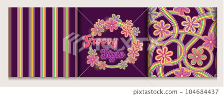 Patterns, label with text, fantasy chamomile flowers, psychedelic stripes. For clothing, apparel, T-shirts, surface decoration. Groovy, hippie style. 104684437