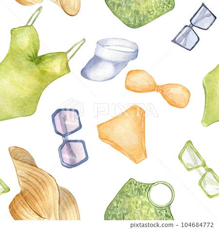 Woman's summer clothes watercolor seamless pattern isolated on white. Beach style of swimsuits, straw hat and sunglasses hand drawn. Design for textile, packaging, showcase, summer print, background 104684772