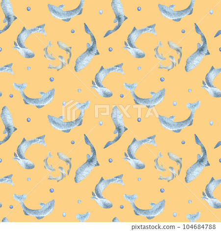 Fish silhouettes salmon, trout watercolor seamless pattern isolated on orange background. Swimming wild blue fish hand drawn. Design element for package, label, textile, wrapping, background, print Fish silhouettes salmon, trout watercolor seamless pattern isolated on orange background. Swimming wild blue fish hand drawn. Design element for package, label, textile, wrapping, background, print 104684788