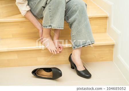Asian lady woman patient fall down the stairs because slippery surfaces Asian lady woman patient fall down the stairs because slippery surfaces 104685052