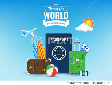 Travel and tourism concept. Advertising template. Vector 104685623