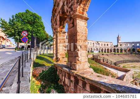 Pula, Croatia. Majestic view at famous arena of Roman Empire time, Dalmatia region. 104685781