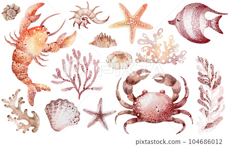 marine seamless border of underwater marine animals and plants octopus, seahorses, crabs, starfish, jellyfish. Marine inhabitants of the underwater world. Sea border isolated on white background 104686012