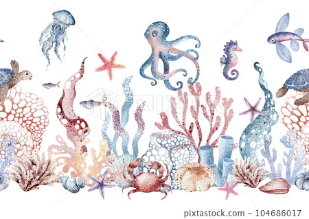 marine seamless border of underwater marine animals and plants octopus, seahorses, crabs, starfish, jellyfish. Marine inhabitants of the underwater world. Sea border isolated on white background marine seamless border of underwater marine animals and plants octopus, seahorses, crabs, starfish, jellyfish. Marine inhabitants of the underwater world. Sea border isolated on white background 104686017