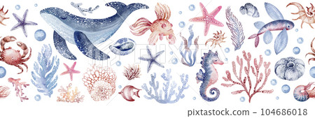 marine seamless border of underwater marine animals and plants octopus, seahorses, crabs, starfish, jellyfish. Marine inhabitants of the underwater world. Sea border isolated on white background 104686018