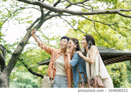 Middle-aged woman taking a picture with a smartphone with her friend 104686032