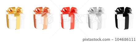 White gift box with various ribbon and bow 3d render illustration collection - red, golden and black decoration for holiday congratulation or sale banner. Closed present package. 104686111