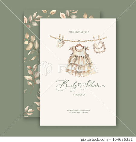 Cute baby shower watercolor invitation card for baby and kids new born celebration with baby clothes. Cute baby shower watercolor invitation card for baby and kids new born celebration with baby clothes. 104686331