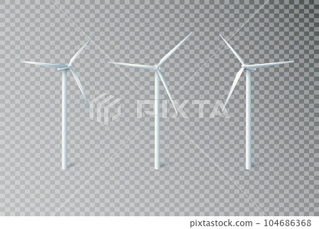 Wind turbines windmills energy power generators. White towers with long vanes for producing alternative eco energy. Vector 104686368