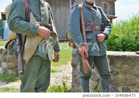Military uniform of the soldiers of the German army during the First World War. Military uniform of the soldiers of the German army during the First World War. 104686475