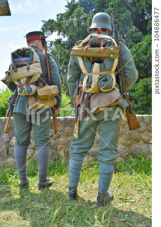 Military uniform of the soldiers of the German army during the First World War. Military uniform of the soldiers of the German army during the First World War. 104686477
