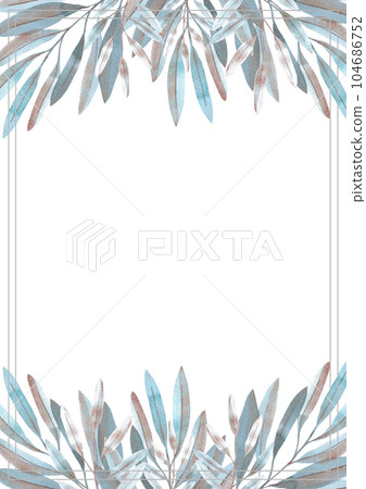 Hand drawn watercolor blue flowers and leaves post card. Isolated on white. Can be used for cards, banners, invitations, label. 104686752