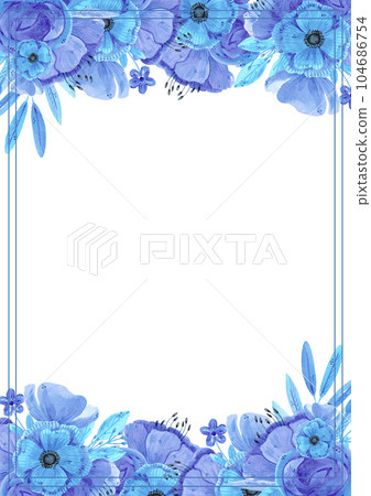 Hand drawn watercolor blue flowers and leaves post card. Isolated on white. Can be used for cards, banners, invitations, label. Hand drawn watercolor blue flowers and leaves post card. Isolated on white. Can be used for cards, banners, invitations, label. 104686754