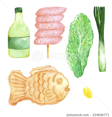 Hand drawn watercolor korean street food set isolated on white background. Can be used for label, banner, post card and other printed products. Hand drawn watercolor korean street food set isolated on white background. Can be used for label, banner, post card and other printed products. 104686771