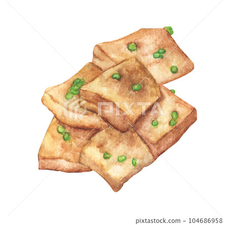 Fried tofu with onion, Watercolor Hand painted illustration. Fried tofu with onion, Watercolor Hand painted illustration. 104686958