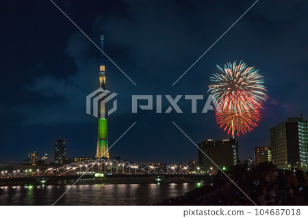 Tokyo Sky Tree and Sumida River Fireworks Display from Minami-Senju 104687018