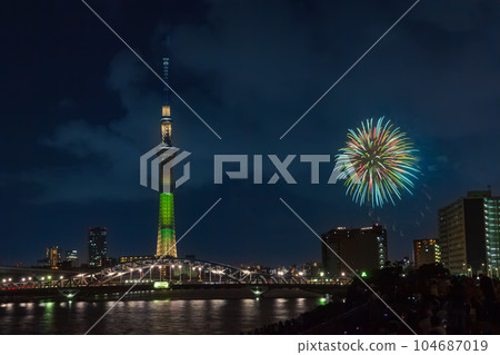 Tokyo Sky Tree and Sumida River Fireworks Display from Minami-Senju 104687019