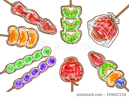 Various fruit candies at festival stalls _ Evolving fruit candies _ Concentrated line of fruit candies Various fruit candies at festival stalls _ Evolving fruit candies _ Concentrated line of fruit candies 104687216
