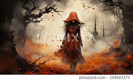 萬聖節形像中一位年輕女巫的水彩畫 104687275