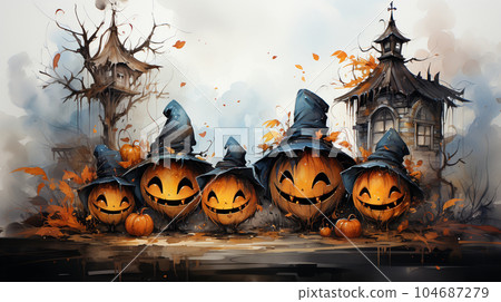 Watercolor painting of an old mansion inspired by Halloween Watercolor painting of an old mansion inspired by Halloween 104687279