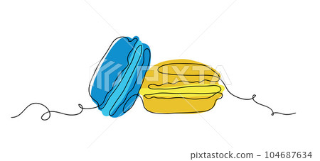 Macaroons cookies one continuous line art drawing vector illustration. Yellow and blue macaroons single line art Macaroons cookies one continuous line art drawing vector illustration. Yellow and blue macaroons single line art 104687634