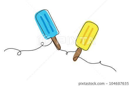 Two ice creams on stick vector iliustration in Ukrainian colors yellow and blue. One line art drawing ice cream print Two ice creams on stick vector iliustration in Ukrainian colors yellow and blue. One line art drawing ice cream print 104687635