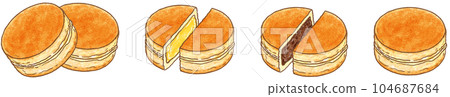 Round baked Japanese sweets called by various names_Imagawa-yaki_Oban-yaki_Double-yaki_Rotating-yaki_Single row Round baked Japanese sweets called by various names_Imagawa-yaki_Oban-yaki_Double-yaki_Rotating-yaki_Single row 104687684