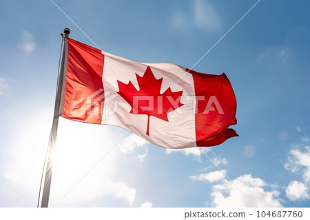 AI 生成的加拿大國旗圖像（藍天、下方角度、背光） 104687760