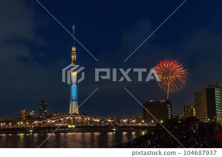 Tokyo Sky Tree and Sumida River Fireworks Display from Minami-Senju Tokyo Sky Tree and Sumida River Fireworks Display from Minami-Senju 104687937
