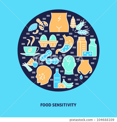 Food allergy round concept banner template in colored line style Food allergy round concept banner template in colored line style 104688109