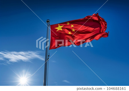 Image of the Chinese flag (blue sky, angle from below) AI generated 104688161