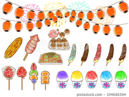 Festival stall gourmet, lanterns and fireworks _ horizontal set _ transparent background Festival stall gourmet, lanterns and fireworks _ horizontal set _ transparent background 104688304