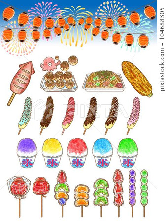 Festival stall gourmet, lanterns and fireworks _ vertical set _ background night view of fireworks 104688305