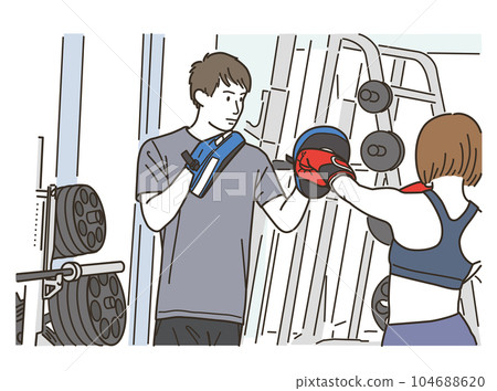 Female and male trainers doing martial arts punches Female and male trainers doing martial arts punches 104688620